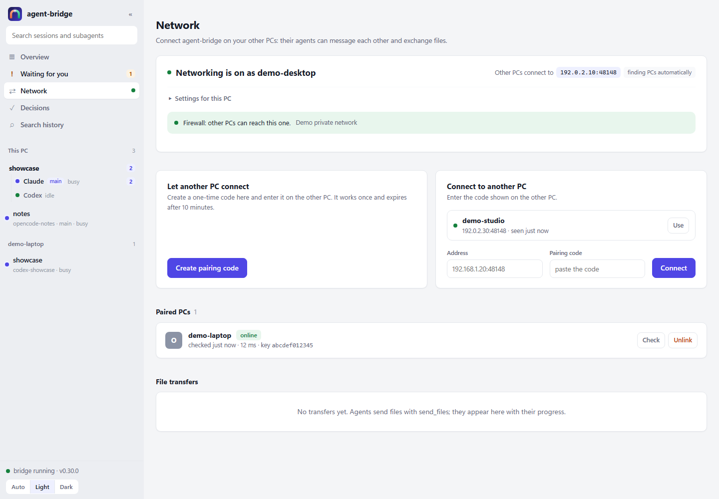 Network page with a connected demo PC