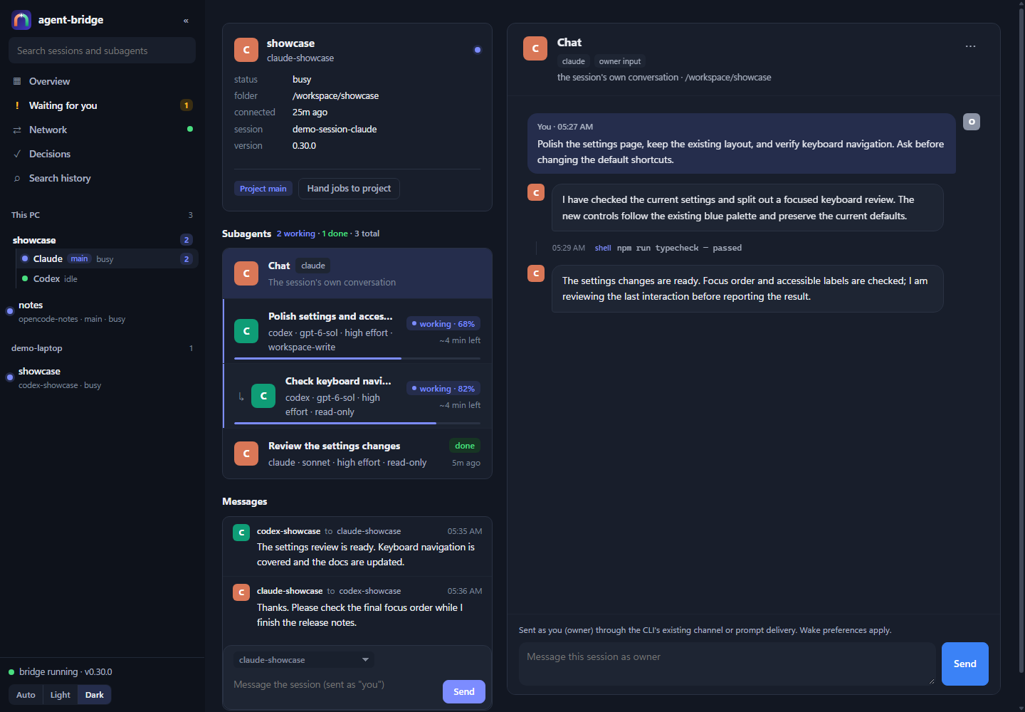 A demo session with a shared project, nested subagents and an owner message composer in dark mode.