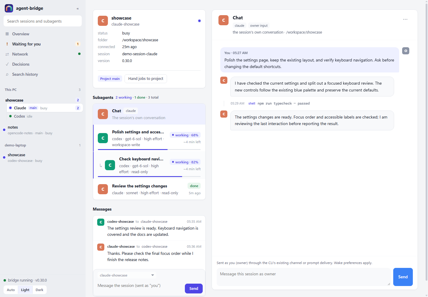 A demo session with a shared project, nested subagents and an owner message composer in light mode.