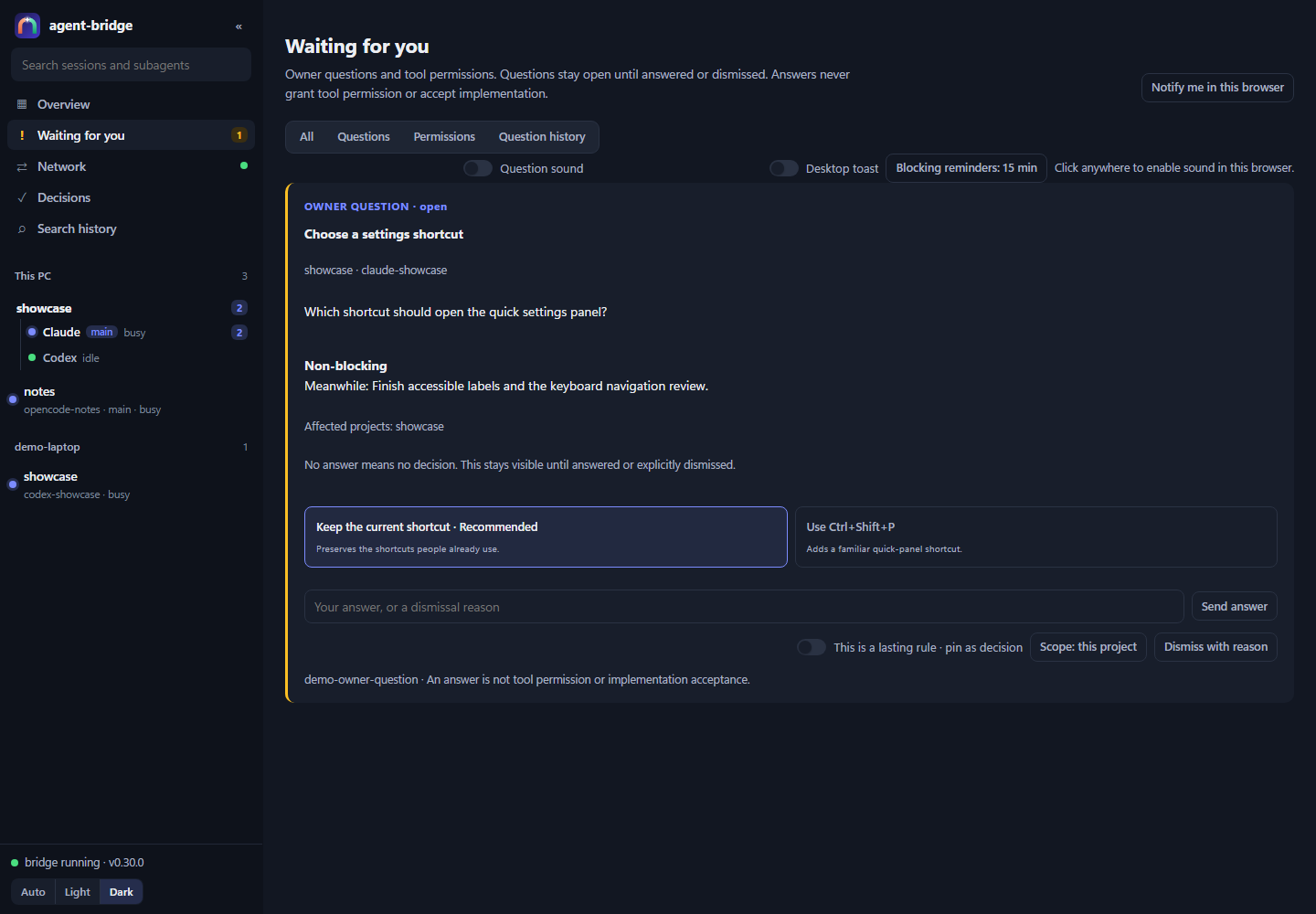 A demo owner question in Waiting for you with recommended options and an answer composer